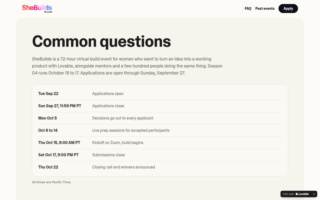 SheBuilds Season 04 application timeline